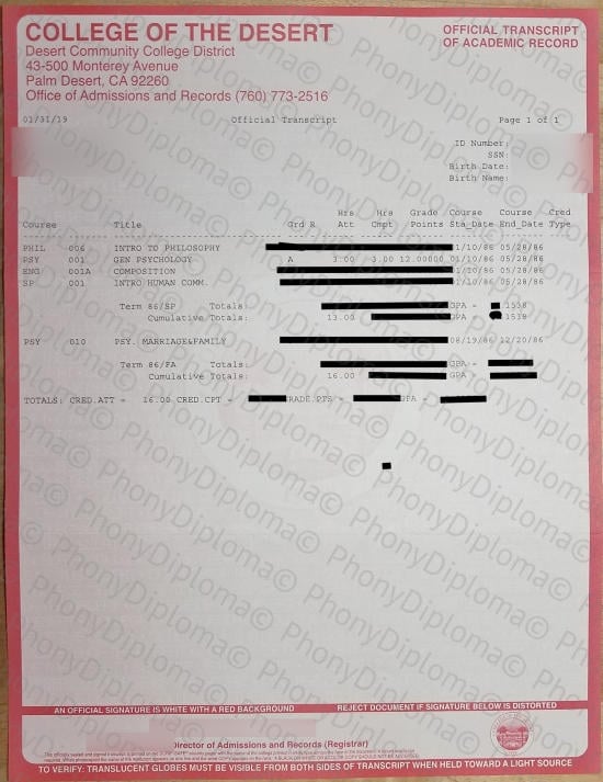 Usa College Of The Desert Actual Match Transcript Free Sample From Phonydiploma · United States