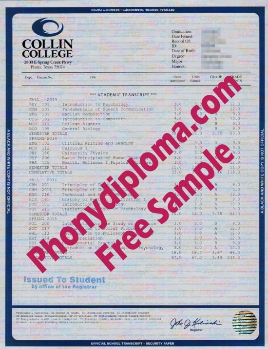 Usa Collin College House Match Transcript Free Sample From Phonydiploma · United States