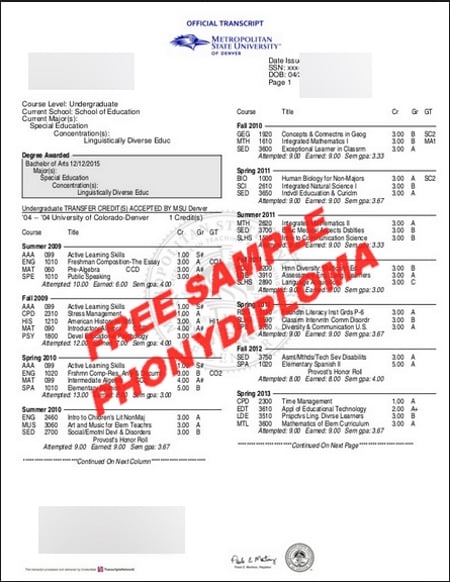 Usa Colorado Metropolitan State University Of Denver 2Actual Match Transcript Free Sample From Phonydiploma · United States