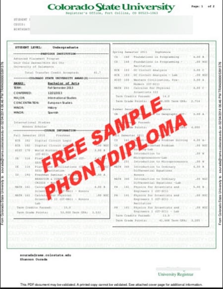 Usa Colorado State University Actual Match Transcript Free Sample From Phonydiploma · United States