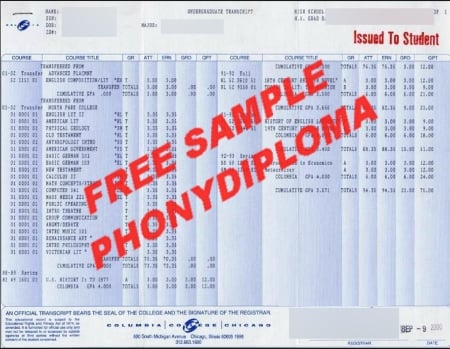 Usa Columbia College Actual Match Transcript Free Sample From Phonydiploma · United States
