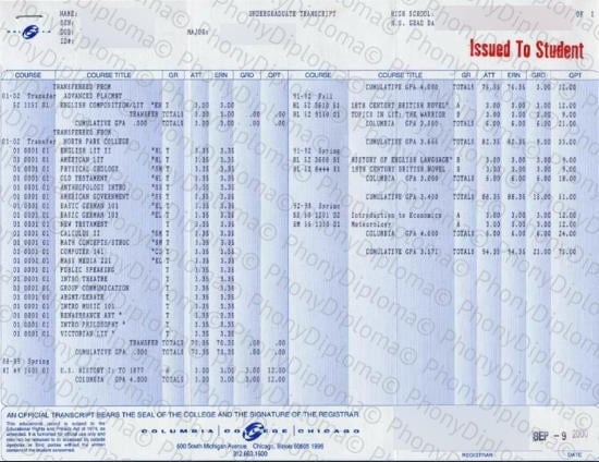 Usa Columbia College Chicago Actual Match Transcript Free Sample From Phonydiploma · United States