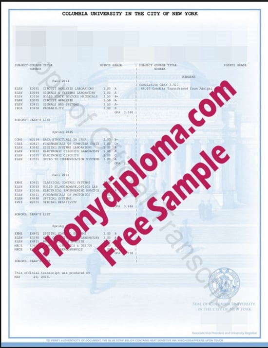 Usa Columbia University Actual Match Transcript Free Sample From Phonydiploma · United States