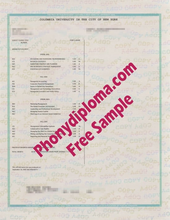 Usa Columbia University Actual Match Transcripts  Free Sample From Phonydiploma · United States