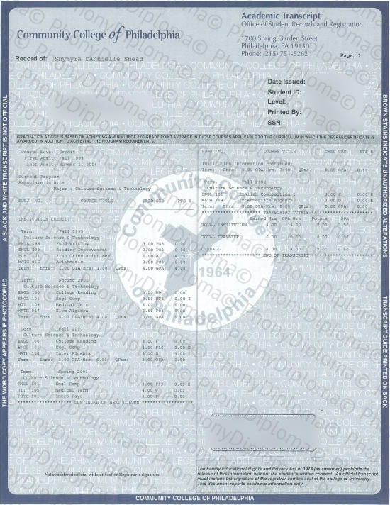 Usa Community College Of Philadelphia Actual Match Transcript Free Sample From Phonydiploma · United States