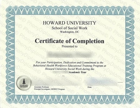 Usa Dc Howard University Certificate Social Work Free Sample From Phonydiploma · United States