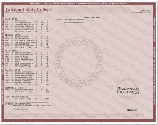 Usa Fairmont State College Actual Match Transcript Free Sample From Phonydiploma · United States
