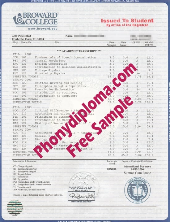 Usa Florida Broward College Transcripts Scan Free Sample From Phonydiploma · United States