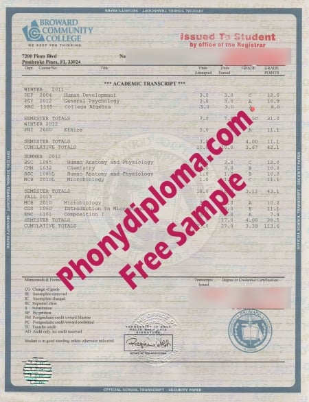 Usa Florida Broward Community College House Design Transcript Free Sample From Phonydiploma · United States