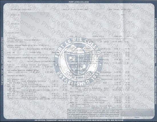 Usa Fort Lewis College Actual Match Transcript Free Sample From Phonydiploma · United States