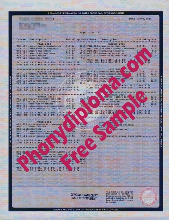 Usa Franklin University Actual Match Transcript Free Sample From Phonydiploma · United States