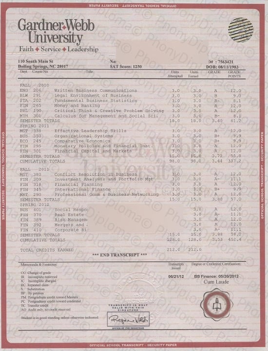 Usa Gardner Webb University House Match Transcript Free Sample From Phonydiploma · United States