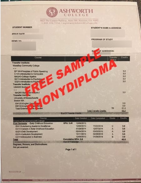 Usa Georgia Ashworth College Actual Match Transcript Free Sample From Phonydiploma · United States
