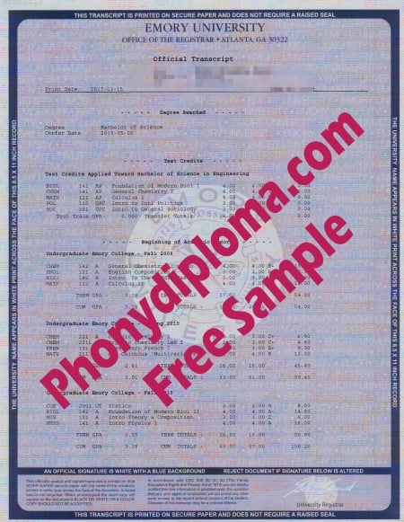 Usa Georgia Emory University Actual Match Transcript Free Sample From Phonydiploma · United States