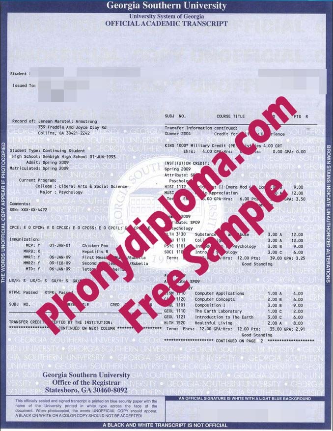 Usa Georgia Southern University Actual Match Transcripts Free Sample From Phonydiploma 1 · United States