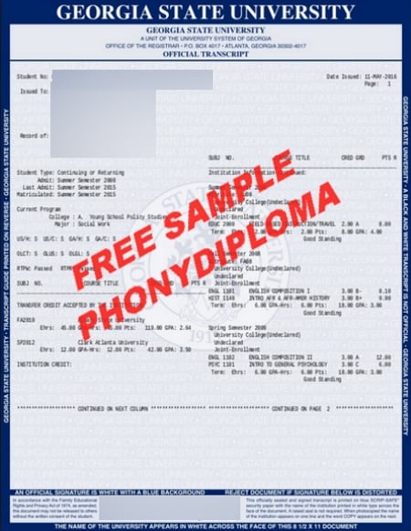 Usa Georgia State University Actual Match Transcript Free Sample From Phonydiploma · United States