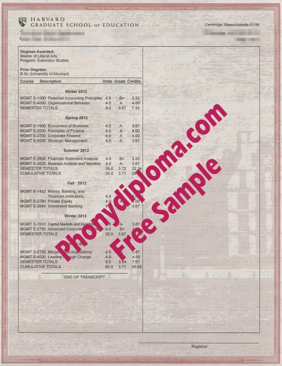Usa Harvard University Actual Match Transcript Free Sample From Phonydiploma · United States