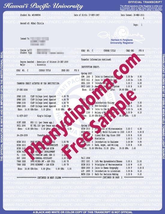 Usa Hawaii Pacific University Actual Match Transcript Free Sample From Phonydiploma · United States