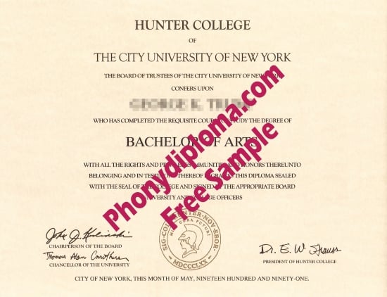 Usa Hunter College Of City University Of New York Free Sample From Phonydiploma · United States