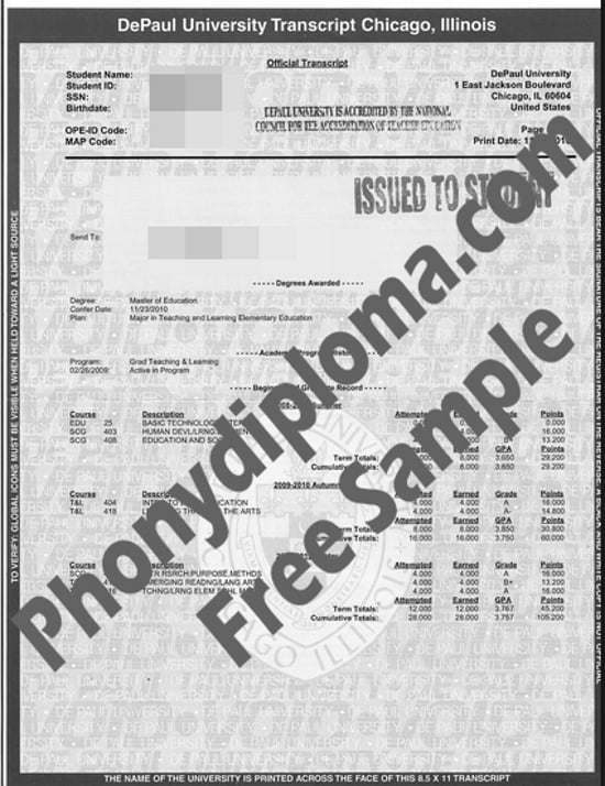 Usa Illinois Depaul University Actual Match Transcripts Free Sample From Phonydiploma · United States