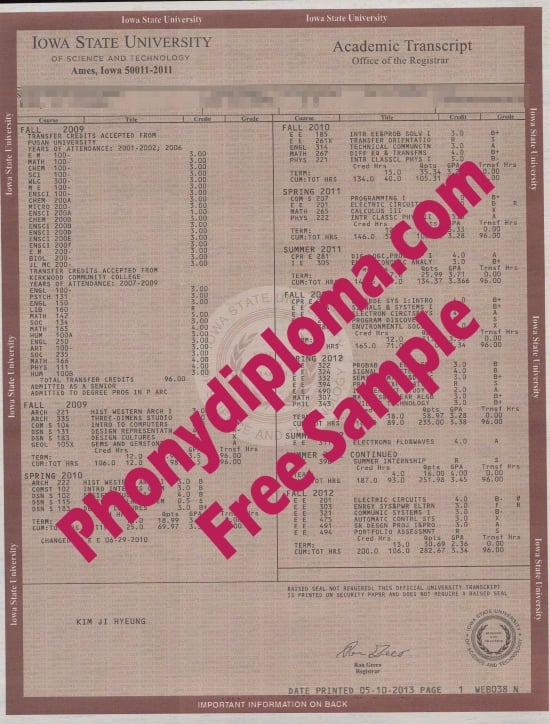 Usa Iowa State University Actual Match Transcripts Free Sample From Phonydiploma · United States