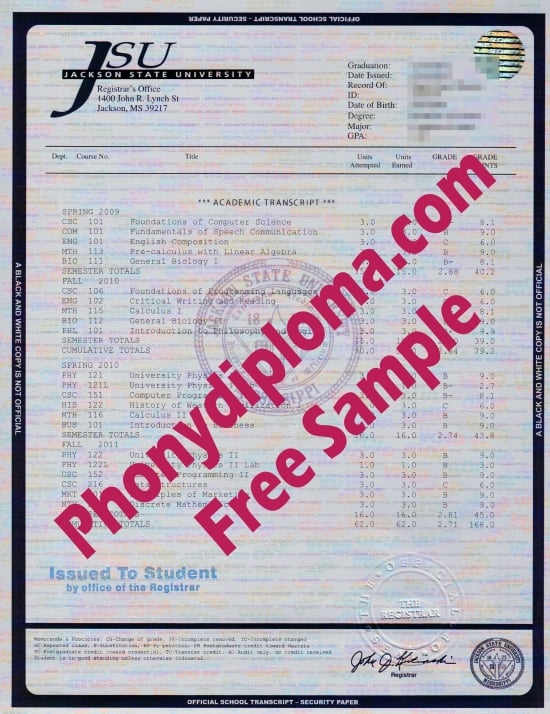 Usa Jackson State University House Design Transcript Free Sample From Phonydiploma · United States