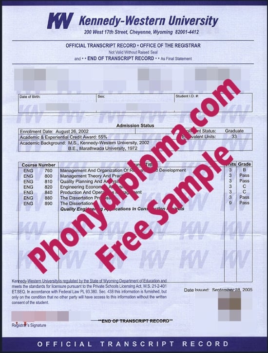 Usa Kennedy Western Actual Match University Transcript Free Sample Fropm Phonydiploma · United States