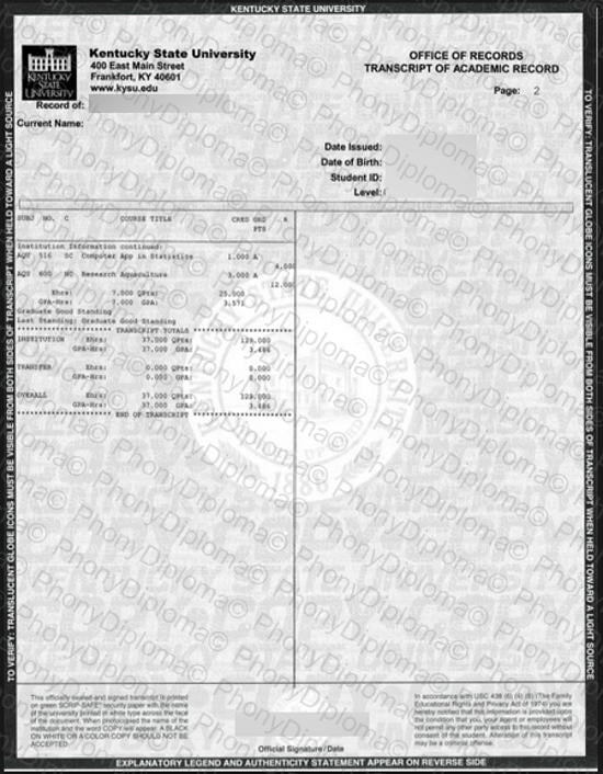 Usa Kentucky State University Actual Match Transcript Free Sample From Phonydiploma · United States