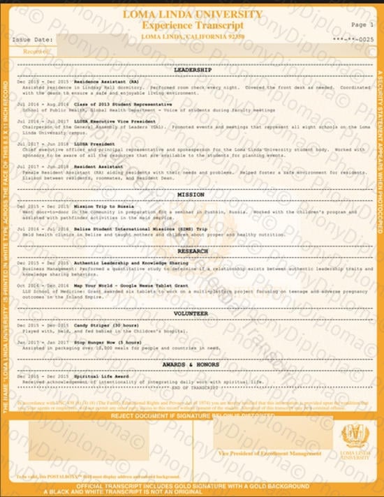 Usa Loma Linda University Actual Match Transcript Free Sample From Phonydiploma · United States
