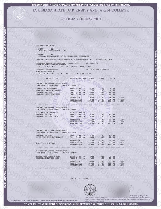 Usa Louisiana State University Actual Match Transcript Free Sample From Phonydiploma · United States
