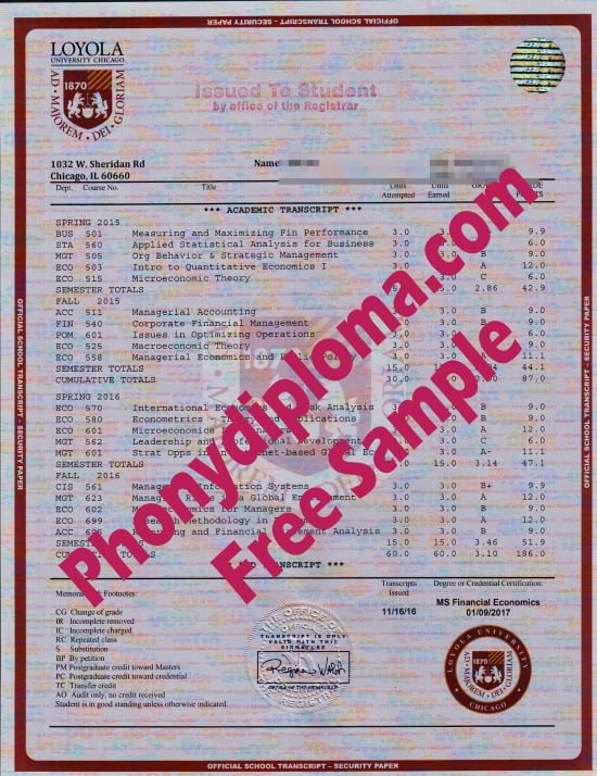 Usa Loyola University Chicago House Match Transcript Free Sample From Phonydiploma · United States