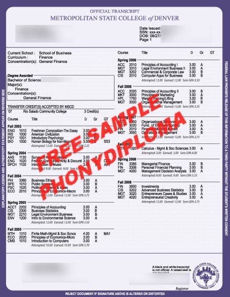 Usa Metropolitan State College Denver Actual Match Transcript Free Sample From Phonydiploma · United States