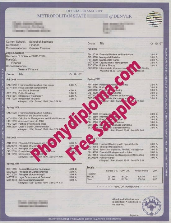 Usa Metropolitan State College Of Denver Match Transcript From Phonydiploma · United States