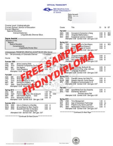 Usa Metropolitan State University Of Denver Actual Match Transcript Free Sample From Phonydiploma · United States