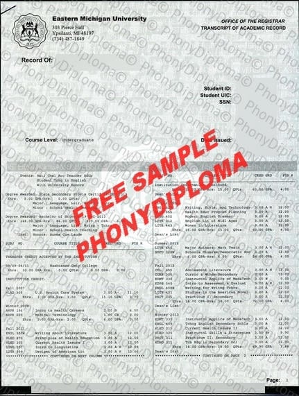 Usa Michigan Eastern Michigan University Actual Match Transcript Free Sample From Phonydiploma · United States