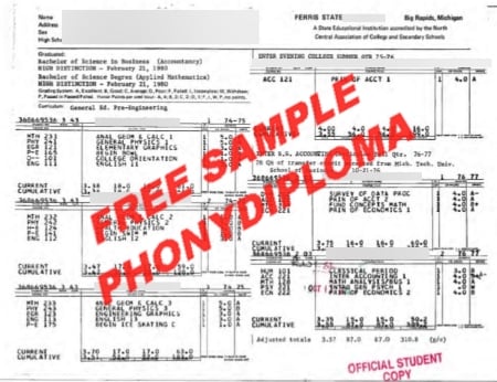 Usa Michigan Ferris State University Actual Match Transcript Free Sample From Phonydiploma · United States