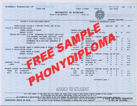 Usa Michigan University Of Michigan Actual Match Transcript Free Sample From Phonydiploma · United States