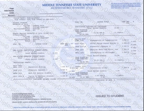 Usa Middle Tennessee State University Actual Match Transcript Free Sample From Phonydiploma · United States
