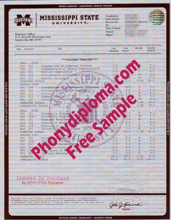 Usa Mississippi State University House Design Transcript Free Sample From Phonydiploma · United States