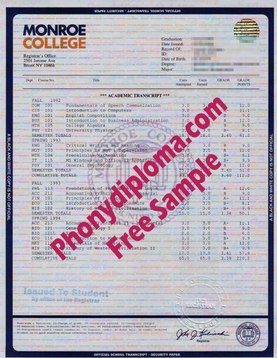 Usa Monroe College House Design Transcript Free Sample From Phonydiploma · United States