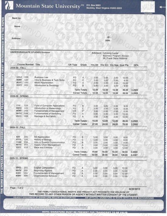 Usa Mountain State University Actual Match Transcript Free Sample From Phonydiploma · United States