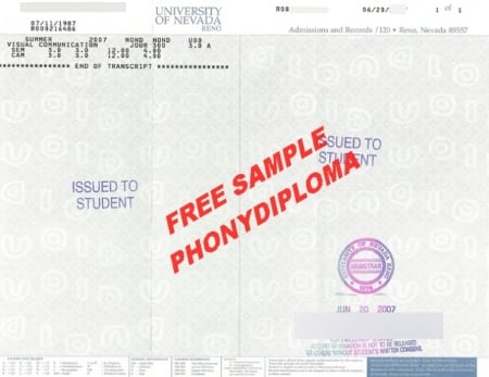 Usa Nevada University Of Nevada Reno Actual Match Transcript Free Sample From Phonydiploma · United States