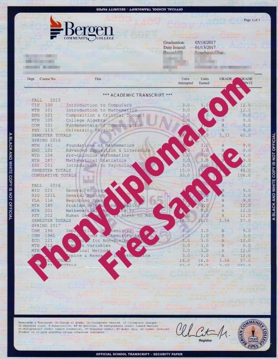 Usa New Jersey Bergen Community College House Design Transcript Free Sample From Phonydiploma · United States