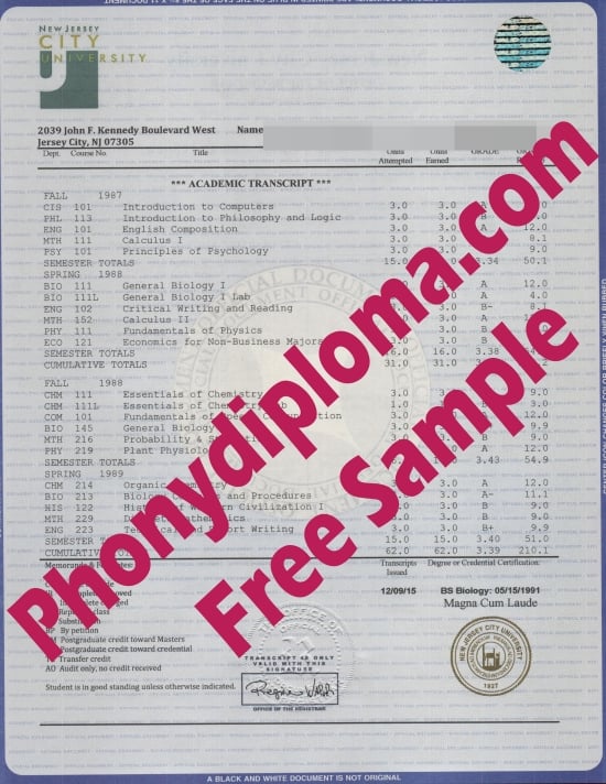 Usa New Jersey City University House Design Transcript Free Sample From Phonydiploma · United States