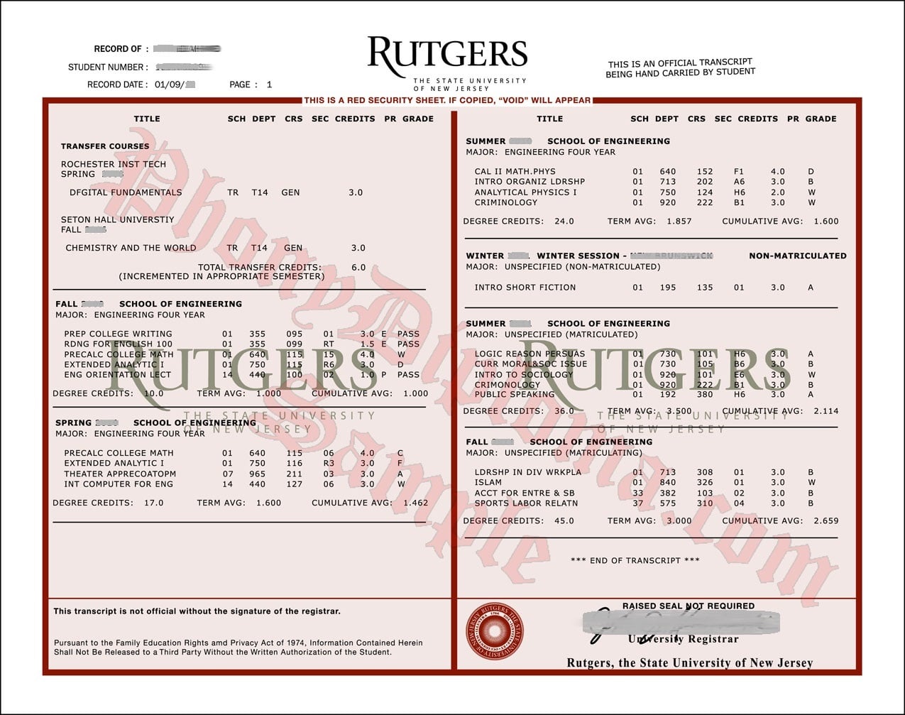 Usa New Jersey Rutgers Transcripts Actual Match Free Sample From Phonydiploma · United States