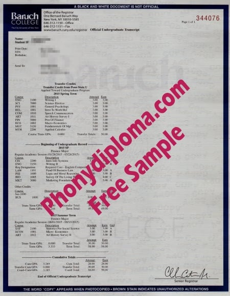 Usa New York Baruch College Actual Match Transcript Free Sample From Phonydiploma · United States