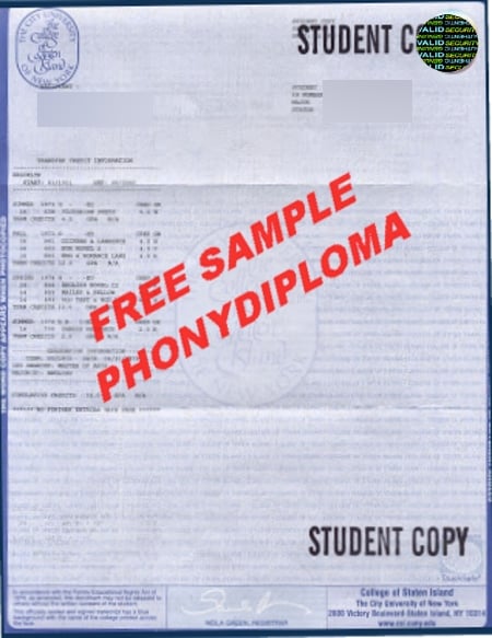 Usa New York City University Of Staten Island Actual Match Transcript Free Sample Phonydiploma · United States