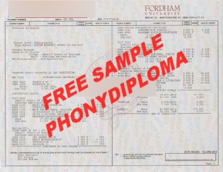 Usa New York Fordham University Actual Match Transcript Free Sample From Phonydiploma · United States