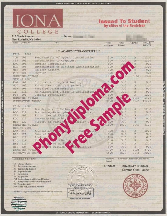 Usa New York Iona College Transcript Free Sample From Phonydiploma · United States
