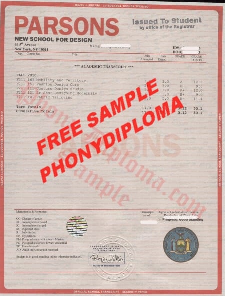 Usa New York Parsons The New School For Design House Deign Transcripts Free Sample From Phonydiploma · United States